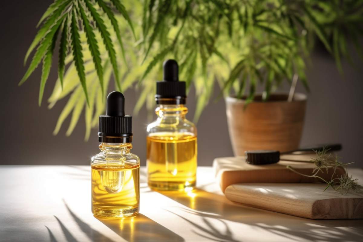 huiles de cbd devant une plante de cannabidiol